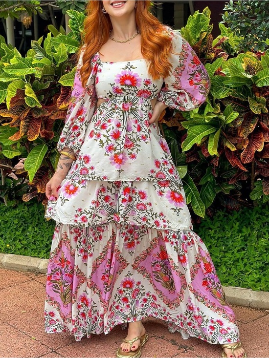 FARM Rio Dresses & Skirts - FARM Rio Pink and White Floral Tiered Maxi Dress Size S